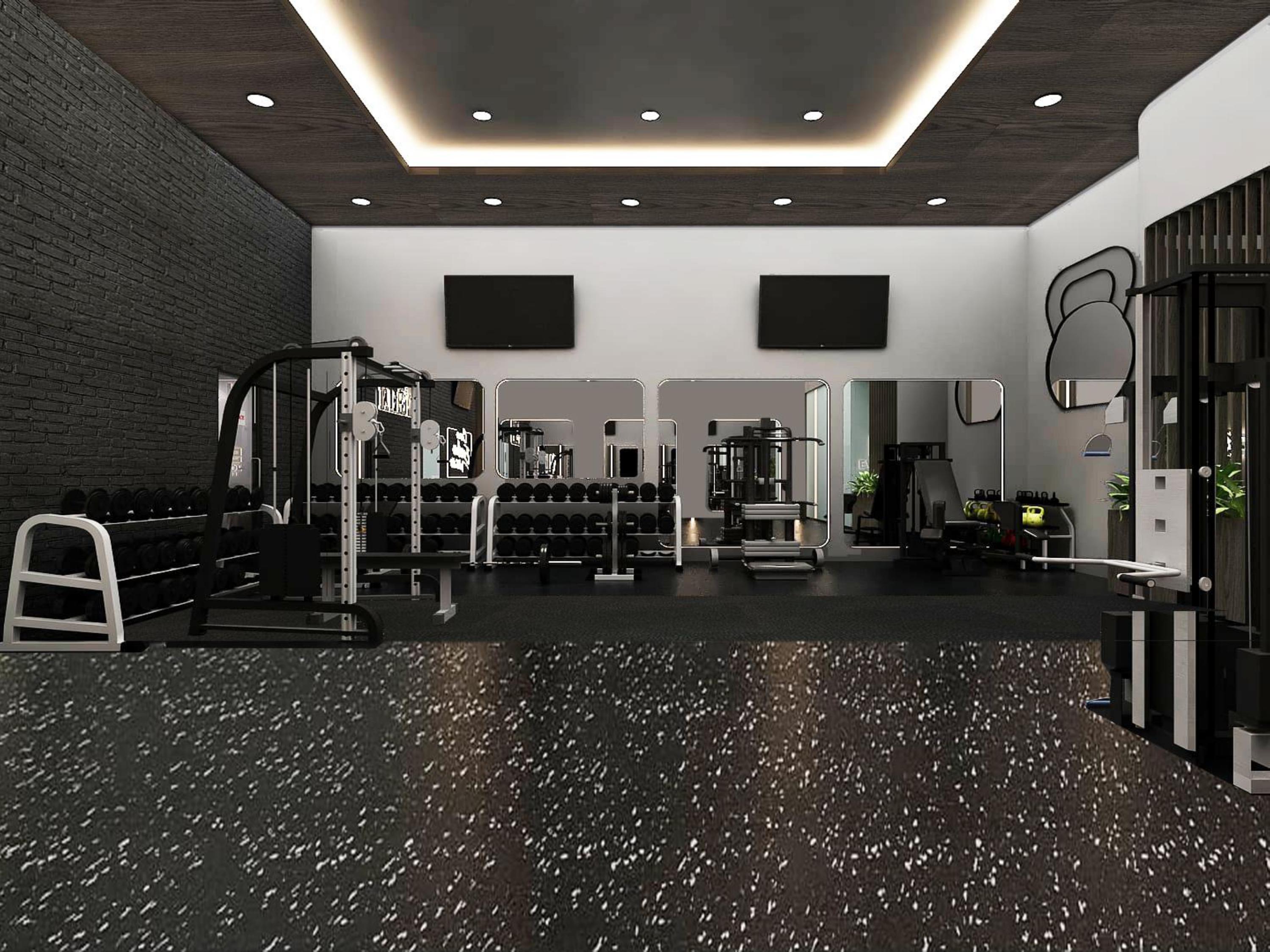 Gym floor with machines and mirrors